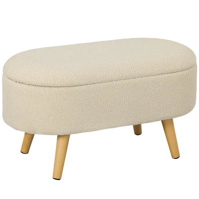 Cream Teddy Fleece Ottoman Storage Bench 82x41x45cm with Pine Wood Legs - Image 1 of 4
