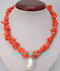 Natural Orange Coral Chip Gravel White Keshi Baroque Pearl Pendant Necklace 20"