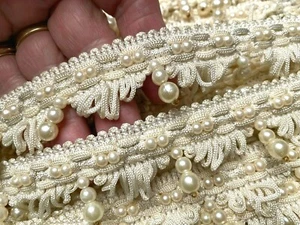 vintage fringe pearls 1.25" rayon hand beaded 1yd cream ivory - Picture 1 of 6