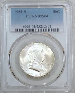 Medio dólar Franklin 1952-S graduación profesional MS64 brillo blanco escarchado PQ recién graduado #B23R - Imagen 1 de 4