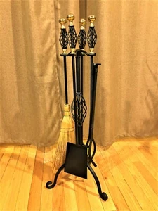 Basket Weave Fireplace Tool Set - Vintage Brass Finished Cast Wrought Iron 5 pcs - Picture 1 of 7