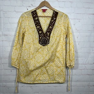 Sunny Leigh Blouse Womens Size Large Yellow Beaded Lightweight V Neck Top - Picture 1 of 10