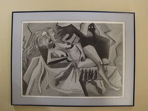 Disegno originale di EMILY MORLAN in stile PICASSO artista incorniciato ~ RARO - Foto 1 di 7