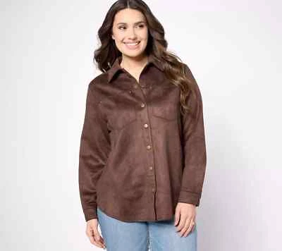 Chaqueta Camisa Joan Rivers Imitación Gamuza con Broches Marrón Talla 1X A620308 Foto 1 de 4