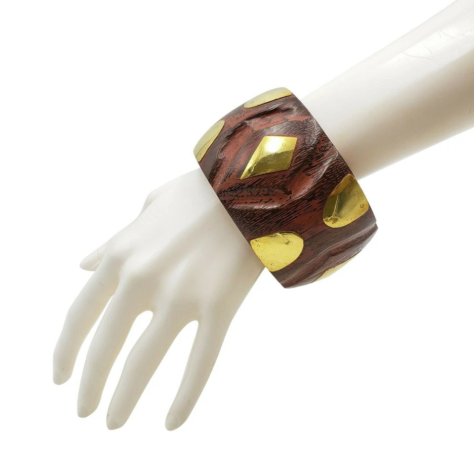 Brazalete Grueso Madera Joyería Africana Brazalete Boho Gitano Latón Tachonado Foto 1 de 1