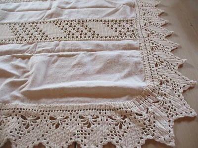 Nappe N°317 ou surnappe écru lin dentelle au crochet 128 x 300 cm    - Photo 1/4