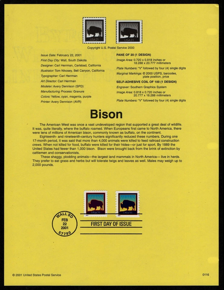 USA, SCOTT # 3468 & 3475, SOUVENIR PAGE - AMERICAN BISON, MAMMAL ANIMALS 2001 - Image 1 of 1