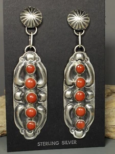 Red Coral handmade Navajo Earrings by Jeffrey James - Picture 1 of 5