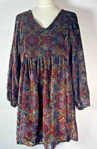Anthropologie Mona Burnout Velvet Mini Dress Babydoll Puff Sleeves Floral LARGE - Picture 1 of 16
