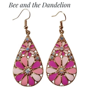 Pink Enamel and Glass Crystal Teardrop Earrings - Picture 1 of 6