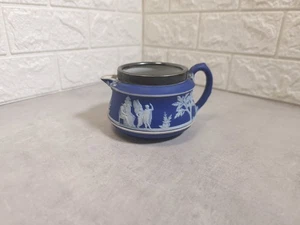 Antica caraffa latte cremosa in legno di zeppa blu cobalto diaspro bordo piatto argento - Foto 1 di 7
