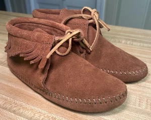 Minnetonka Moccasin Brown Leather Soft Sole Fringe Bootie Kids size 2 - Picture 1 of 10