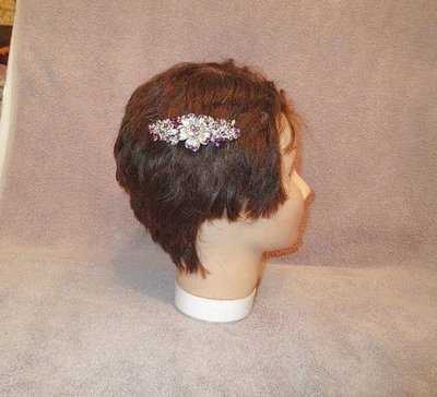 Vtg Hair Barrette Purple Rhinestones Floral Cluster Silvertone Clip Long Boho - Image 1 of 4