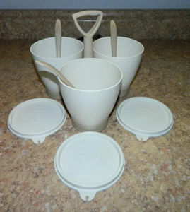 Vintage Almond/Tan Tupperware Condiment Caddy, 3-12oz Bowls / Lids/Spoons - Picture 1 of 3