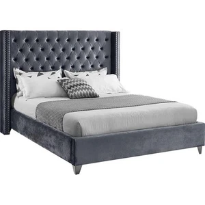 Meridian Furniture Aiden Solid Wood Tufted Velvet Wing Back Full Bed in Gray - Picture 1 of 7