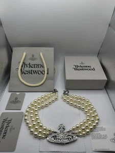 Vivienne Westwood Necklace Triple Pearl Choker Silver IN BOX - Foto 1 di 11