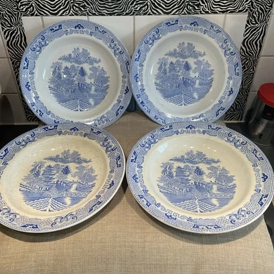 SET OF 4 10” VINTAGE ANTIQUE BLUE WHITE PLATES H&K TUNSTALL HIGHLY DECORATIVE - Image 1 of 4