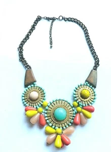 Statement Bauble Necklace Turquoise Peach Yellow Coral Copper Lotus - Picture 1 of 10
