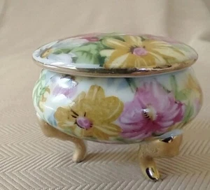 Gold Trim Porcelain China Vintage Miniature Trinket Ring Box Pink Floral EUC - Picture 1 of 6