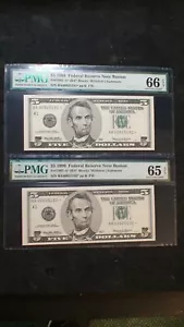 TWO 1999 PMG GEM UNC 65 & 66 EPQ Five Dollar BOSTON FED RESERVE NOTES $5 Bills - Picture 1 of 4