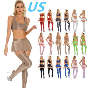 US Women 3Pcs Oil Glossy Outfits Crop Top Ruffled Miniskirt with Stockings Sets