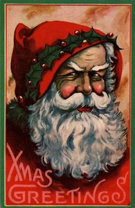 SANTA CHRISTMAS POSTCARD Santa w'Holly Around Hat "Xmas Greetings" - Imagen 1 de 2