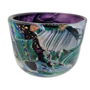 Phönizische Kunst Glas Schale Vase Windlichthalter mit abstrakten Wirbeln Goldakzenten - Bild 1 von 9