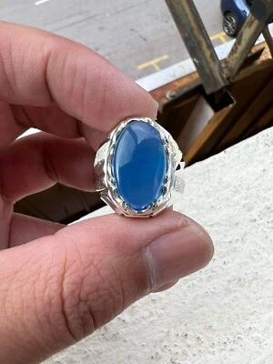 7.0 Carat Blue Chalcedony Gemstone 18k White Gold Ring For Men's #4867 - Image 1 of 4