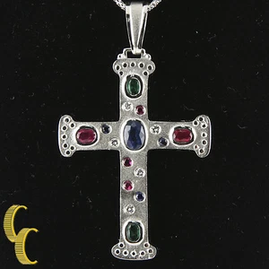 Diamond Emerald Sapphire Ruby Cross 14k White Gold 17" Chain - Picture 1 of 6