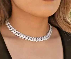 Collar para mujer ICED OUT Cuban Link Miami enchapado en oro blanco de 14 quilates corte redondo de 22 quilates - Imagen 1 de 6