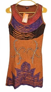 K.P.C. Handmade Bohemian Embroidered Stonewashed Brown/Orange Dress XL - Picture 1 of 9