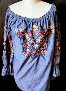 Free People Denim neu ohne Etikett bestickt Blumen schulterfrei Minikleid Tunika 2013 - Bild 1 von 8