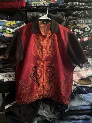 Vintage City Impact Graphic Button Up Camp Shirt Flames AOP Grunge Skate Medium  - Image 1 of 4