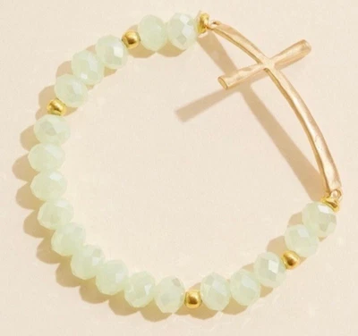 Pulsera elástica con cuentas facetadas como nueva metal martillado tono dorado cruz NUEVO Foto 1 de 4