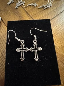 Silver Tone Hook Thru Earrings With Cross Or Crucifix Drops - Picture 1 of 1
