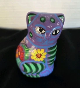 Cat Figurine Mexican Talavera Pottery Hand Painted Folk Art Small Purple Floral  - Picture 1 of 7