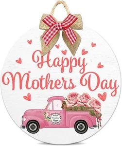 Happy Mother's Day Hanging Sign, 12 Inch Round Wooden White - Picture 1 of 8