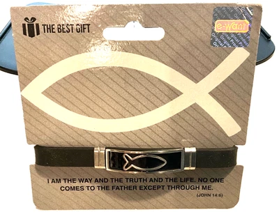 "Pulsera cristiana de silicona unisex de 8"" Jesús, pez, negra y plateada + cierre seguro" Foto 1 de 4