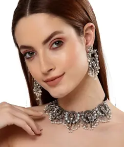 Ethnic Bollywood Style Design Silver Oxidized Choker Necklace Indian Jewelry Set - Picture 1 of 14