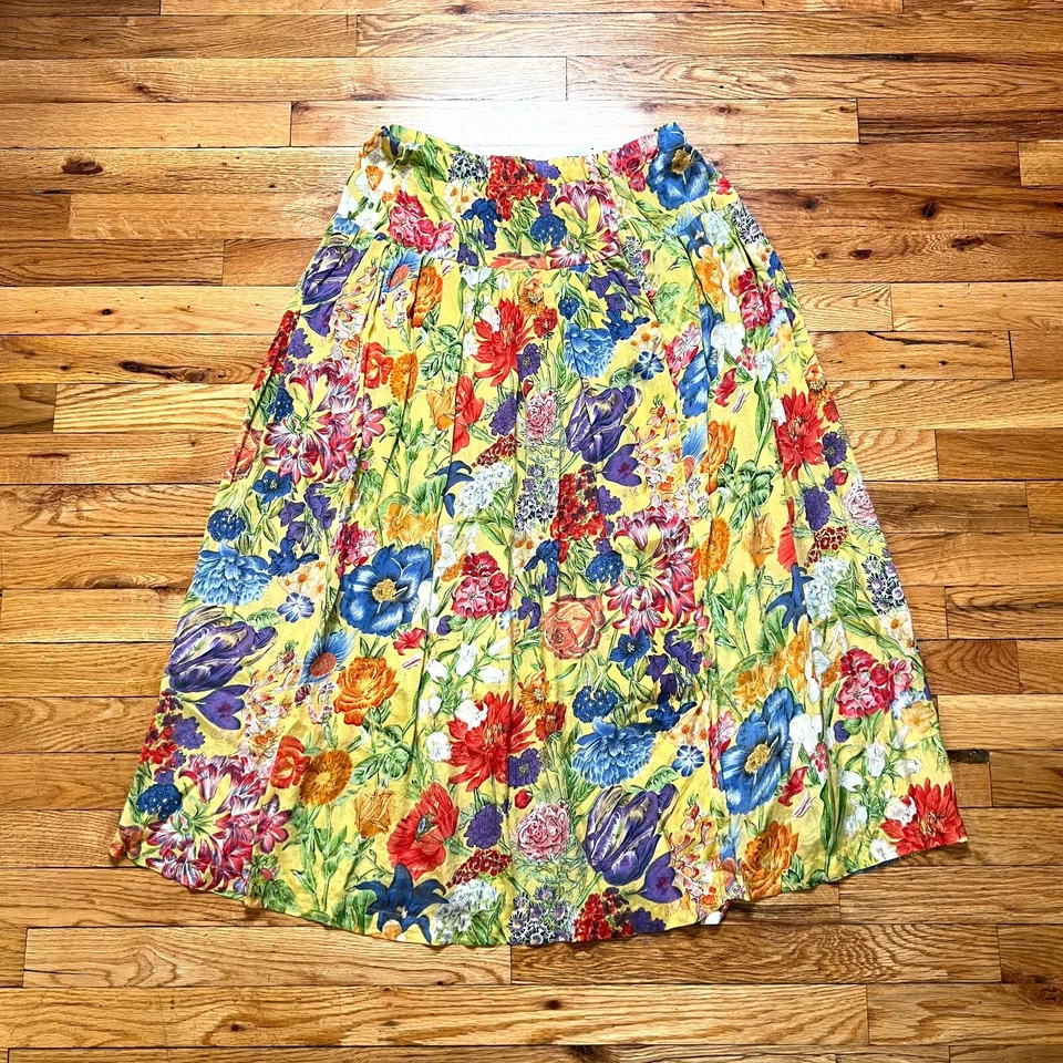 Falda plisada floral brillante de seda real vintage de los años 80 cintura elástica - 33 pulgadas L Foto 1 de 4