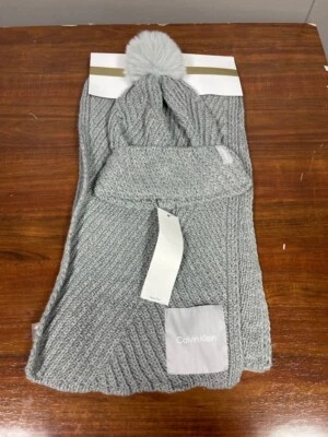 Calvin Klein Scarf and Pom Beanie Set Gray with Pom One Size - Image 1 of 2