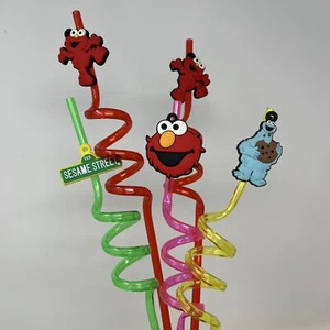 Set of 5 Swirl Plastic Sesame Street Straws 10" long Elmo Cookie Monster Unused - Picture 1 of 4