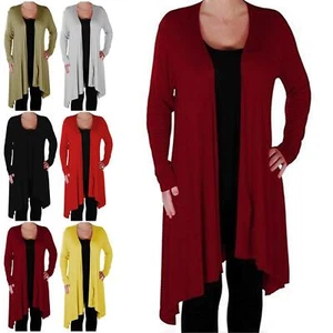 Ladies Womens Plain Front Open Long Sleeve Casual Hanky Hem Waterfall Cardigans - Picture 1 of 6