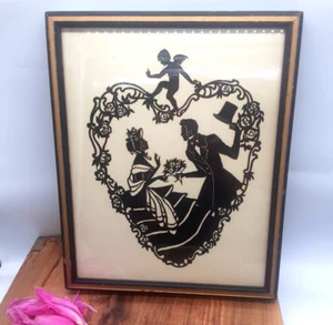 Quadro vintage sagoma incorniciato coppia vittoriana romanticismo amore Cupido 8" x 10" - Foto 1 di 12