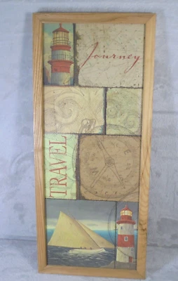 Lighthouse Wall Decor Nautical Beach Art Oblong Rectangle Wood Frame No Glass - Image 1 of 4