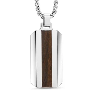Pendant - Tungsten Carbide Dog Tag Pendant w/ Dark Walnut Inlay on 3mm Chain NEW - Picture 1 of 1