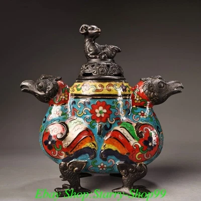 Old China Dynasty Cloisonne Enamel Sheep Twin Phoenix Bird Incense Burner Censer - Image 1 of 4