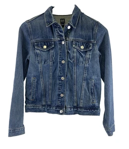 GAP Icon Denim Trucker Jacket Button Collared Jean Saddle Blue Womens Medium - Picture 1 of 12