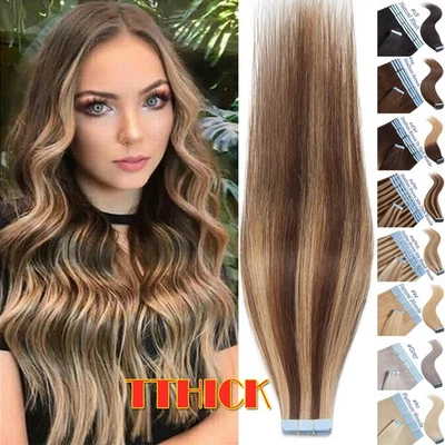 SEGO Tape In Remy Skin Weft Real Human Hair Extensions Full Head THICK Grey 60PCS UK