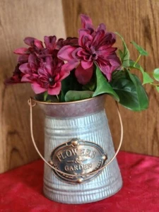 2594. NEW FLOWERS & GARDEN GALVANIZED BUCKET W/ DAHLIA FLOWERS - Picture 1 of 3